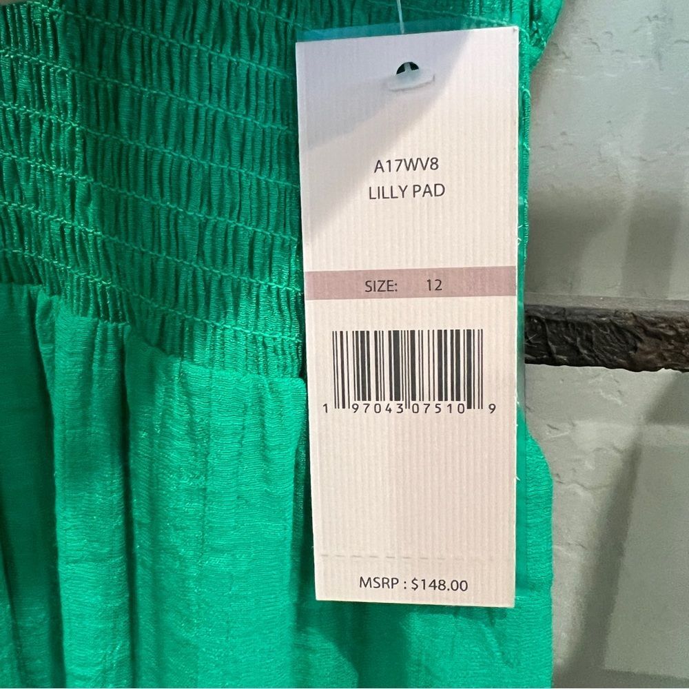 Nanette Lepore Smocked Midi Dress Flutter Sleeve Ruffle Hem Green 12 NWT - Picture 14 of 16